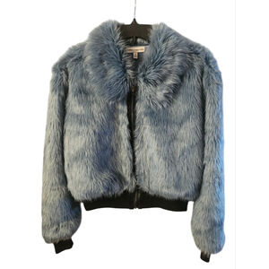 Express x Negin Mirsalehi Blue Faux Fur Bomber Jacket XS EUC Cropped Y2K